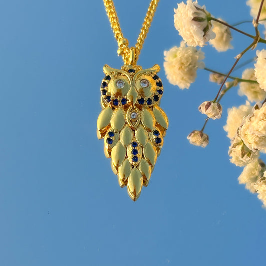 Owl charm ball chain necklace with blue zircon gemstone