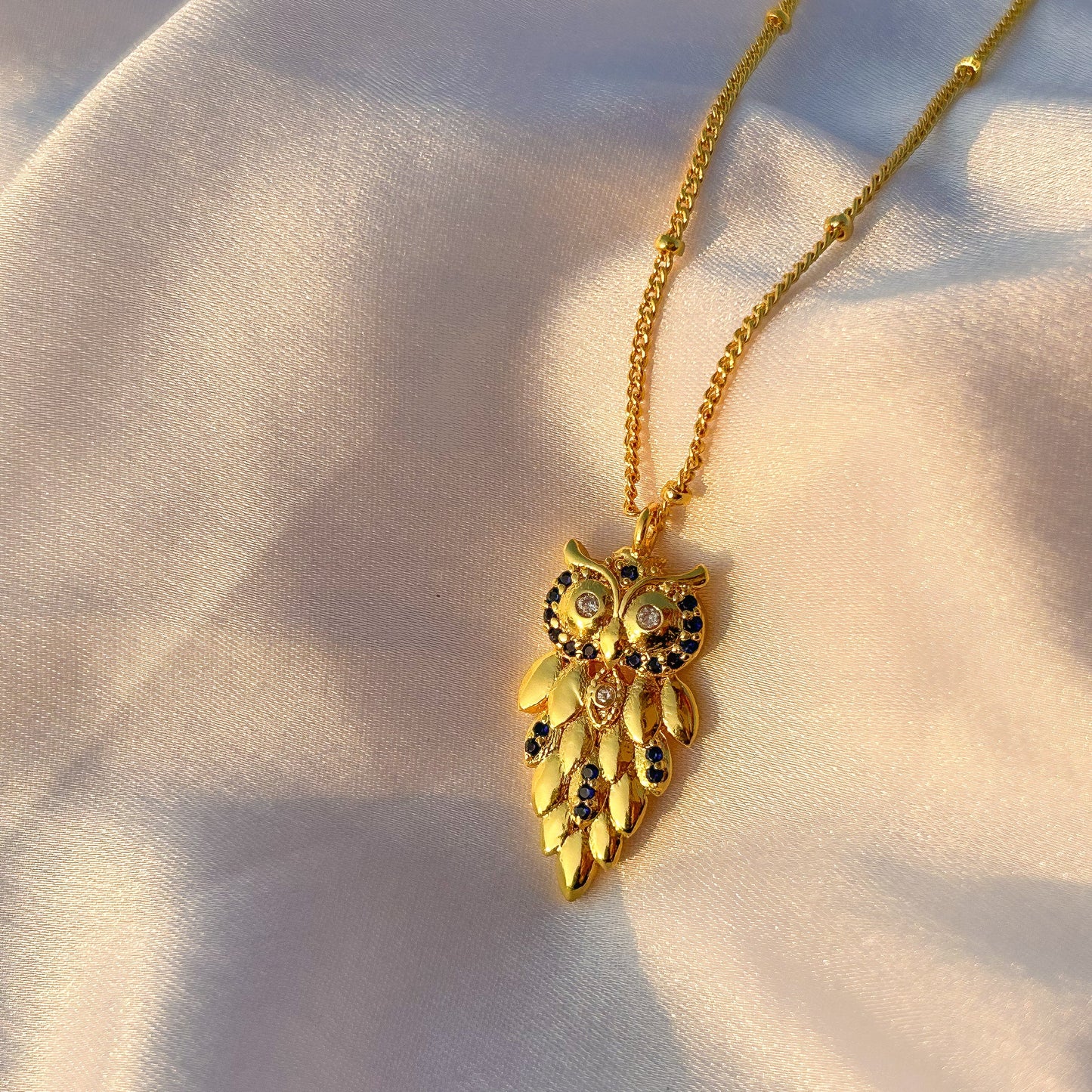 Owl charm ball chain necklace with blue zircon gemstone