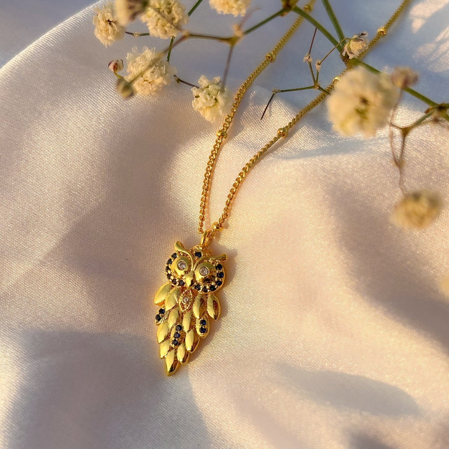Owl charm ball chain necklace with blue zircon gemstone