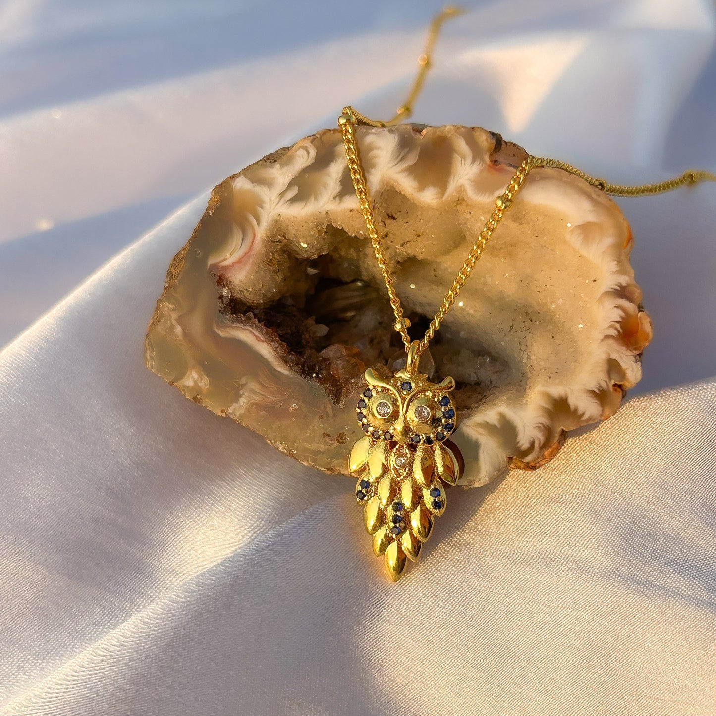 Owl charm ball chain necklace with blue zircon gemstone