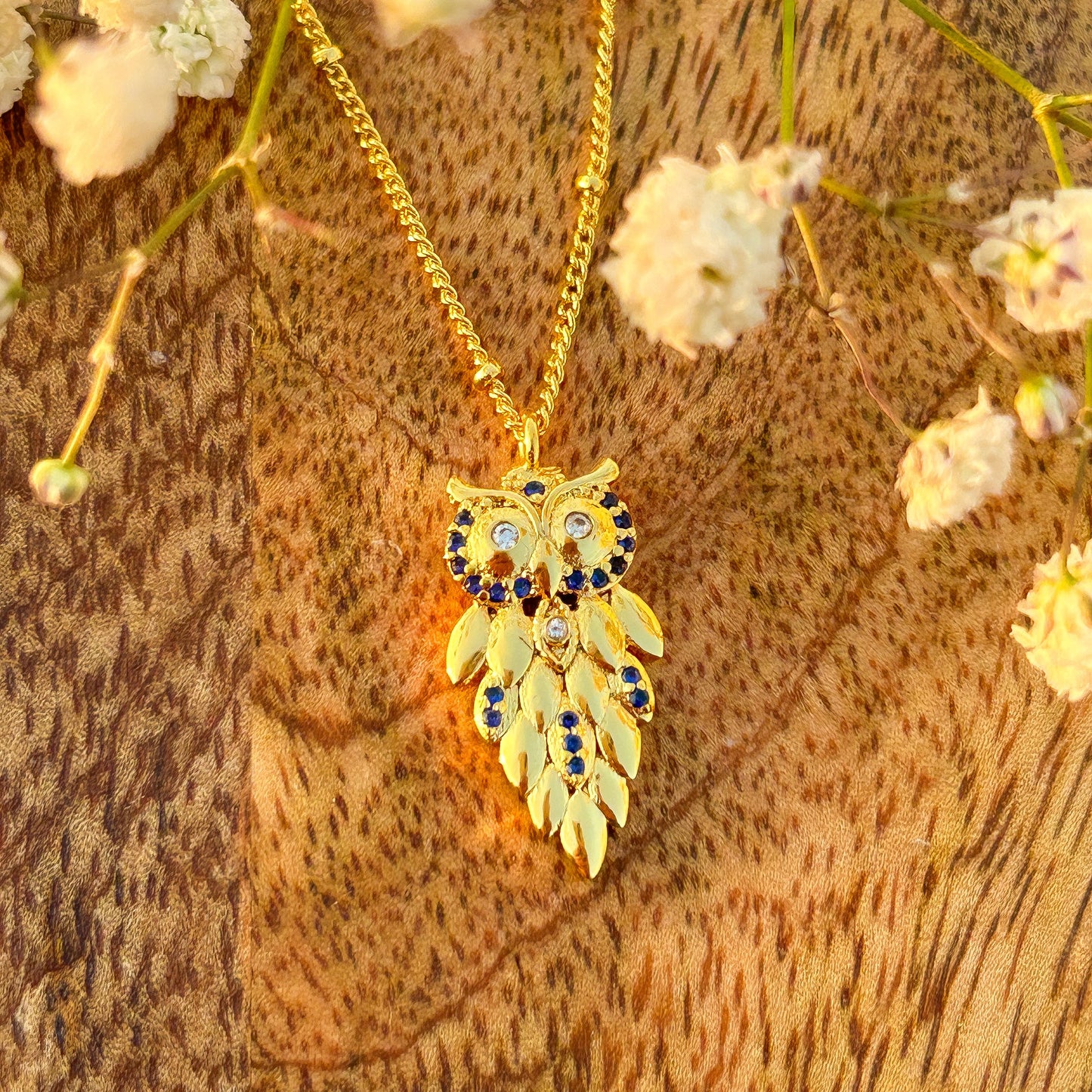 Owl charm ball chain necklace with blue zircon gemstone
