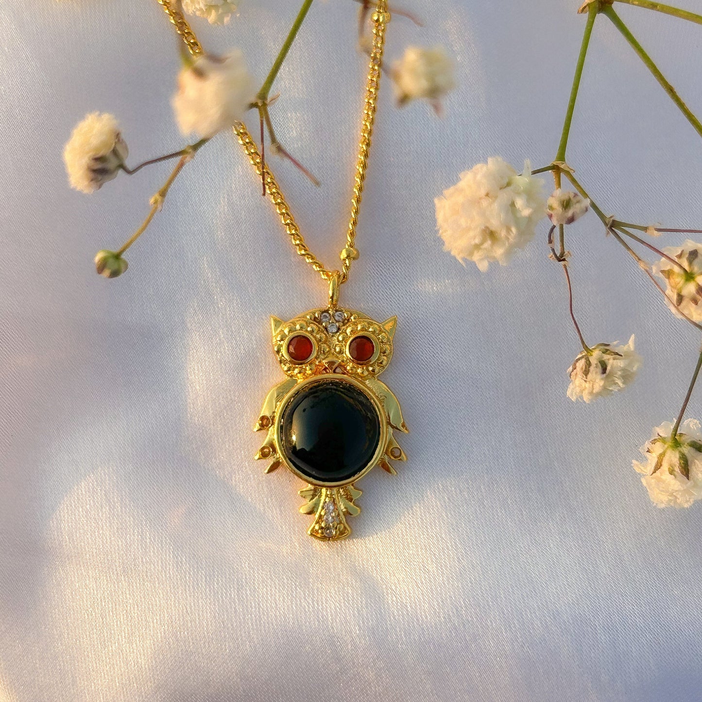 Owl charm ball chain necklace with black onyx, carnelian and zircon gemstone