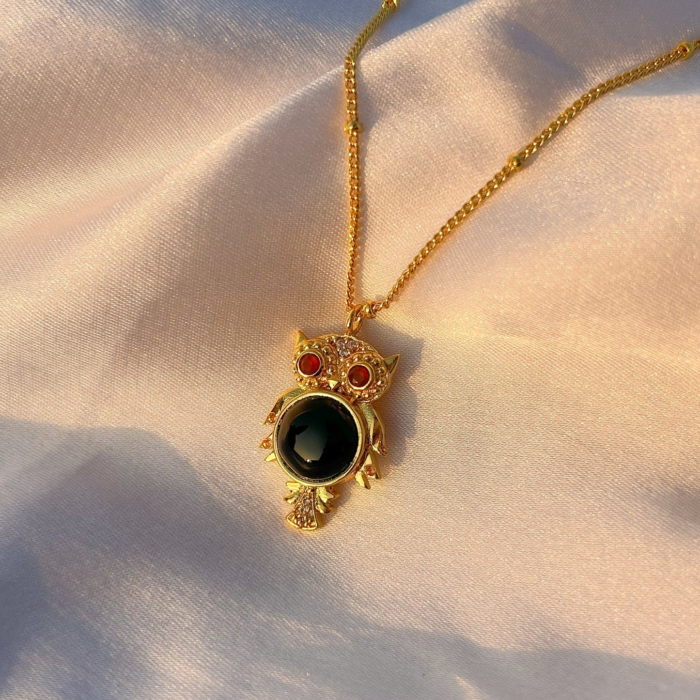 Owl charm ball chain necklace with black onyx, carnelian and zircon gemstone