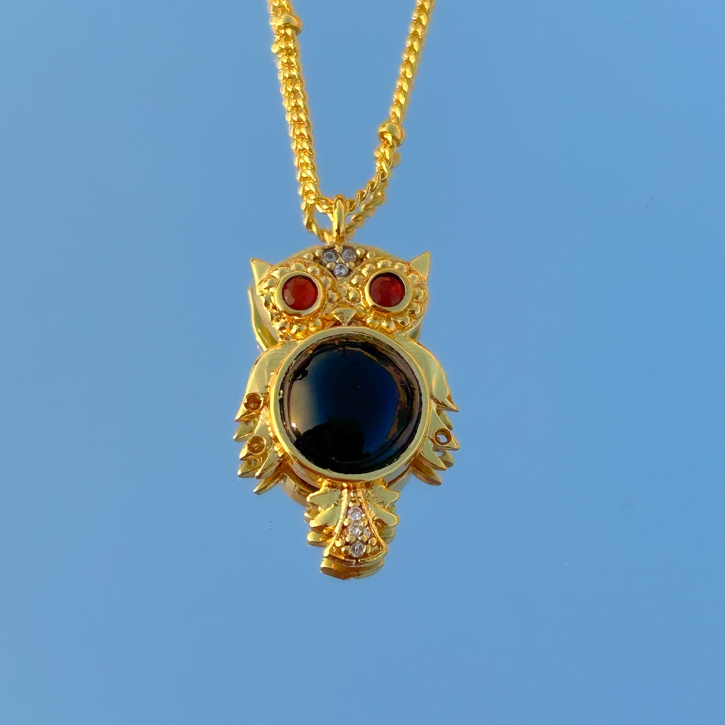 Owl charm ball chain necklace with black onyx, carnelian and zircon gemstone