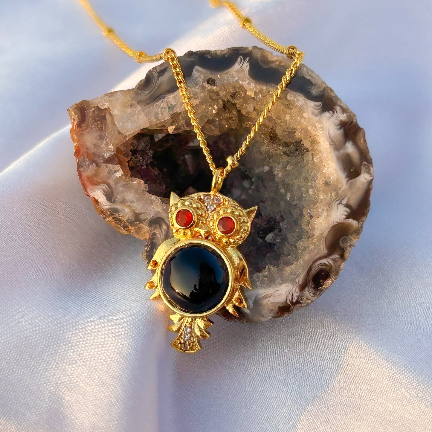 Owl charm ball chain necklace with black onyx, carnelian and zircon gemstone
