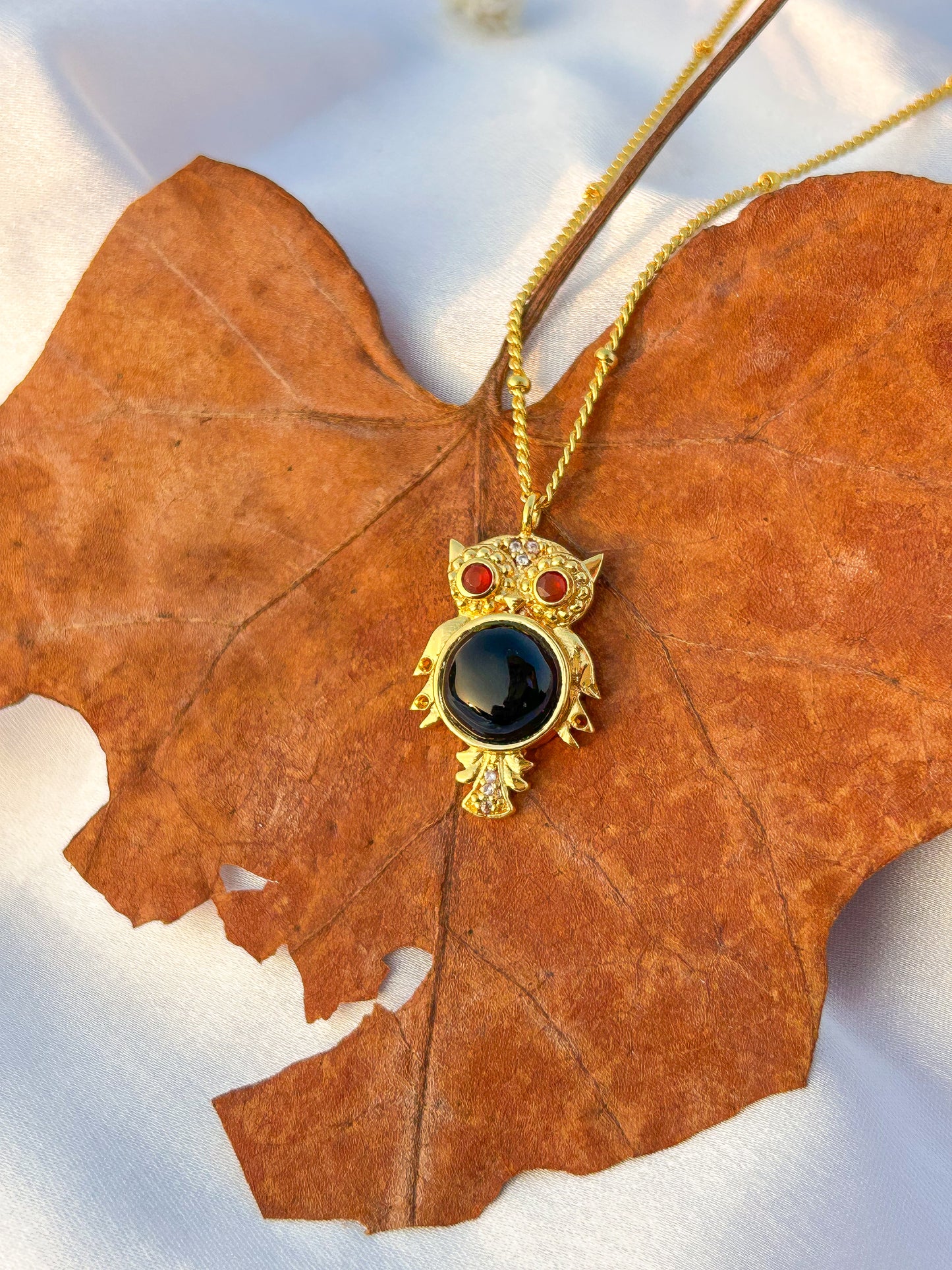 Owl charm ball chain necklace with black onyx, carnelian and zircon gemstone