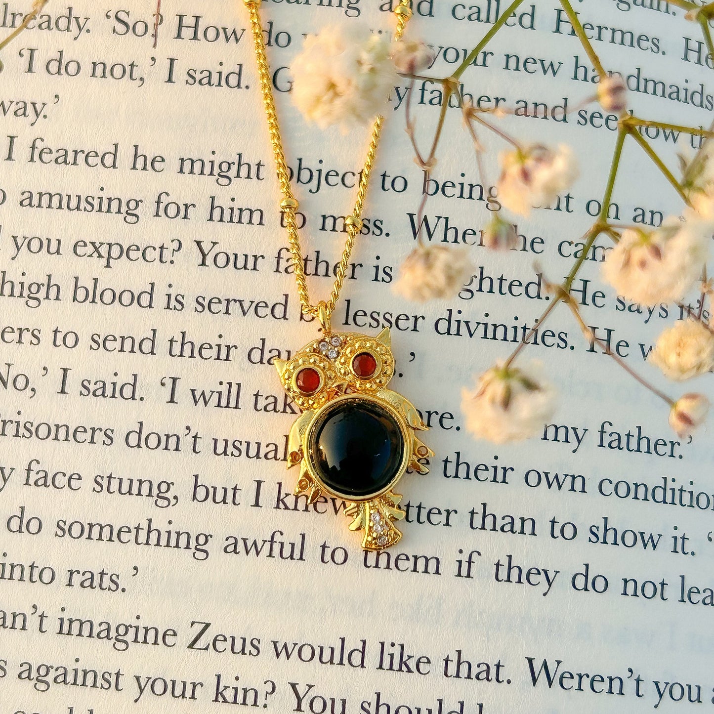 Owl charm ball chain necklace with black onyx, carnelian and zircon gemstone