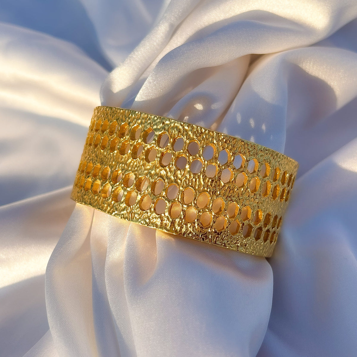 Textured Adjustable Cuff Bangle in Gold Plated Brass