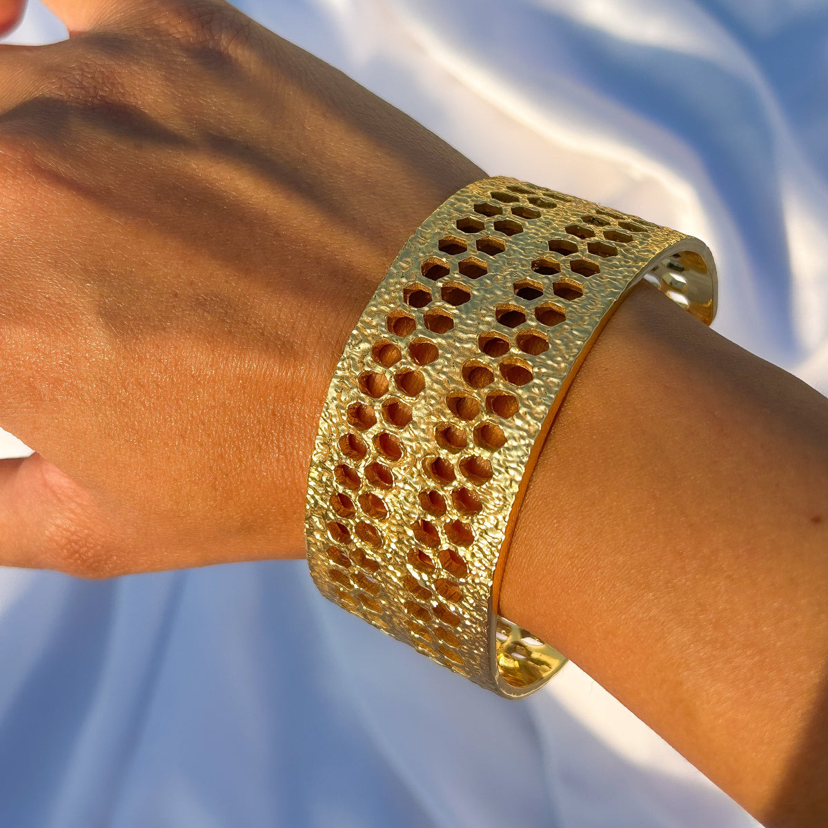 Textured Adjustable Cuff Bangle in Gold Plated Brass