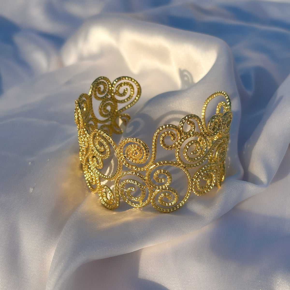 Textured Filigree Swirl Adjustable Cuff Bangle in Gold Plated Brass