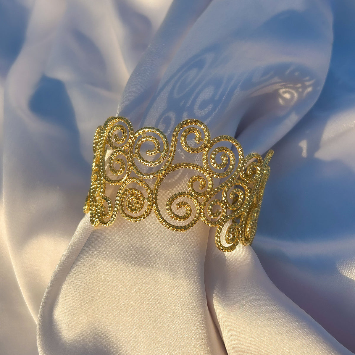 Textured Filigree Swirl Adjustable Cuff Bangle in Gold Plated Brass