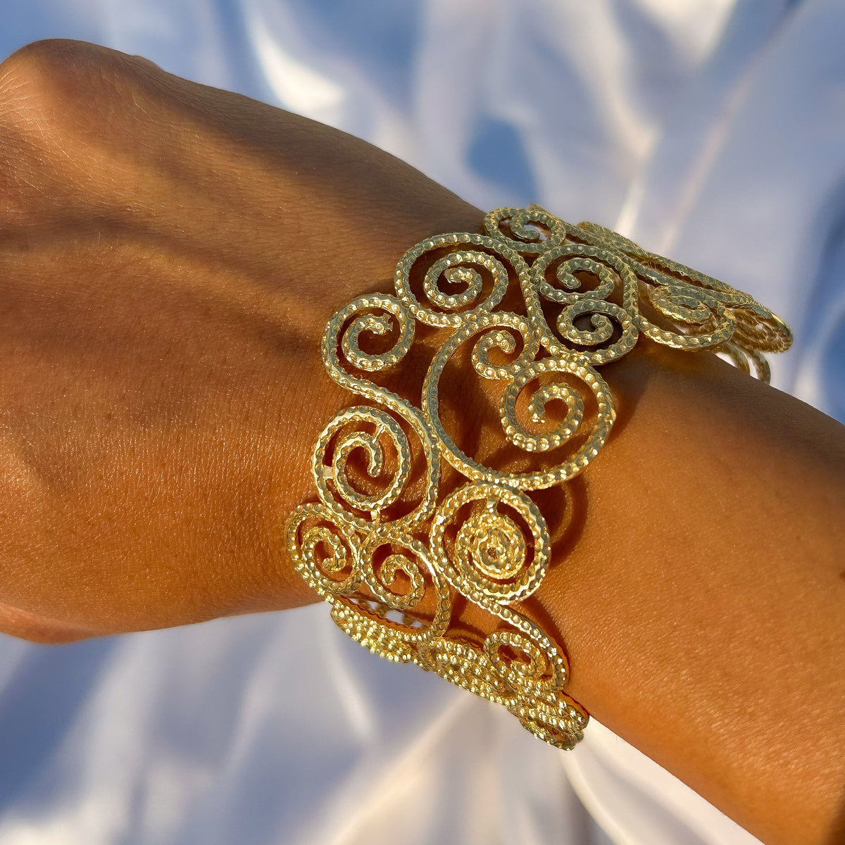 Textured Filigree Swirl Adjustable Cuff Bangle in Gold Plated Brass