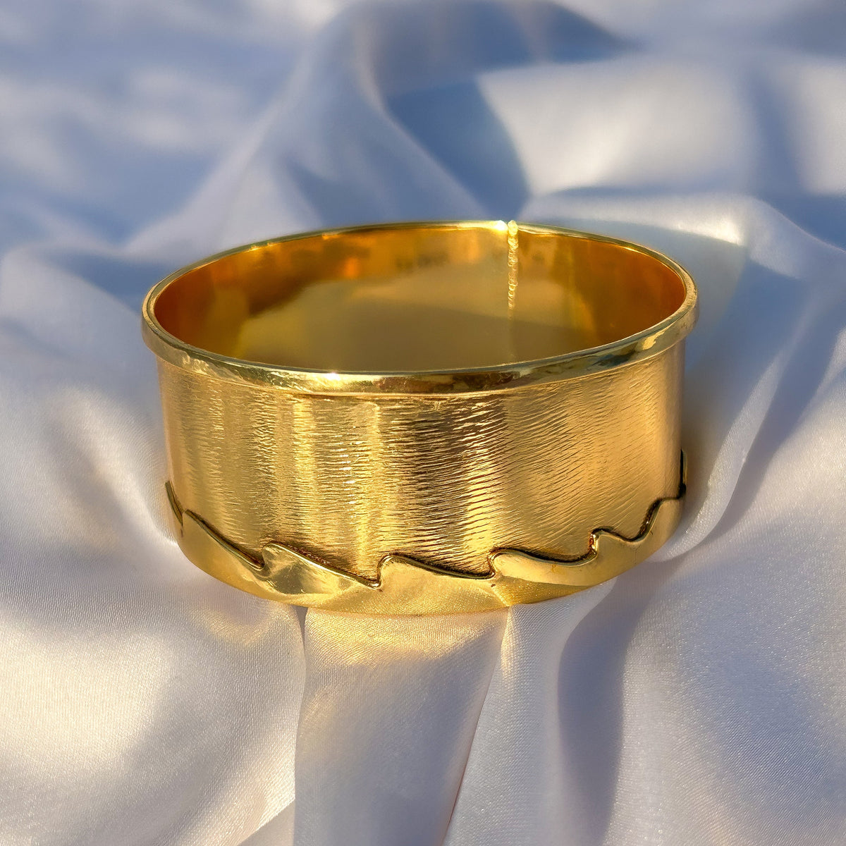 Brushed Finish Wave Edge Detail Broad Bangle in Gold Plated Brass