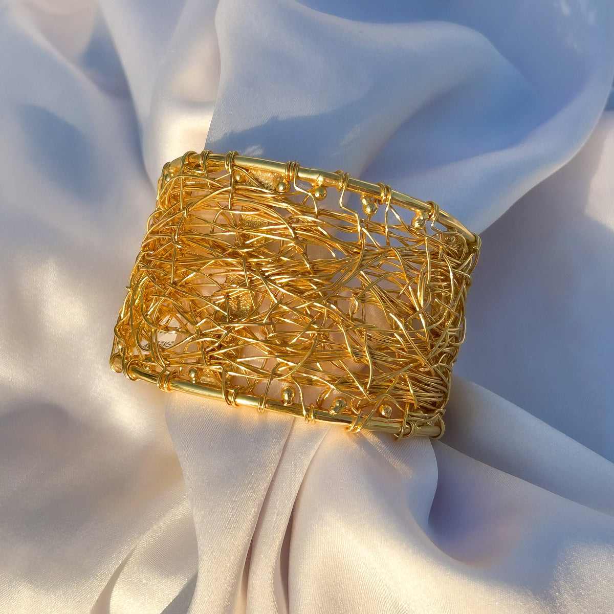 Gilded Nest Intricate Woven Wire Cuff Bangle in Gold Plated Brass