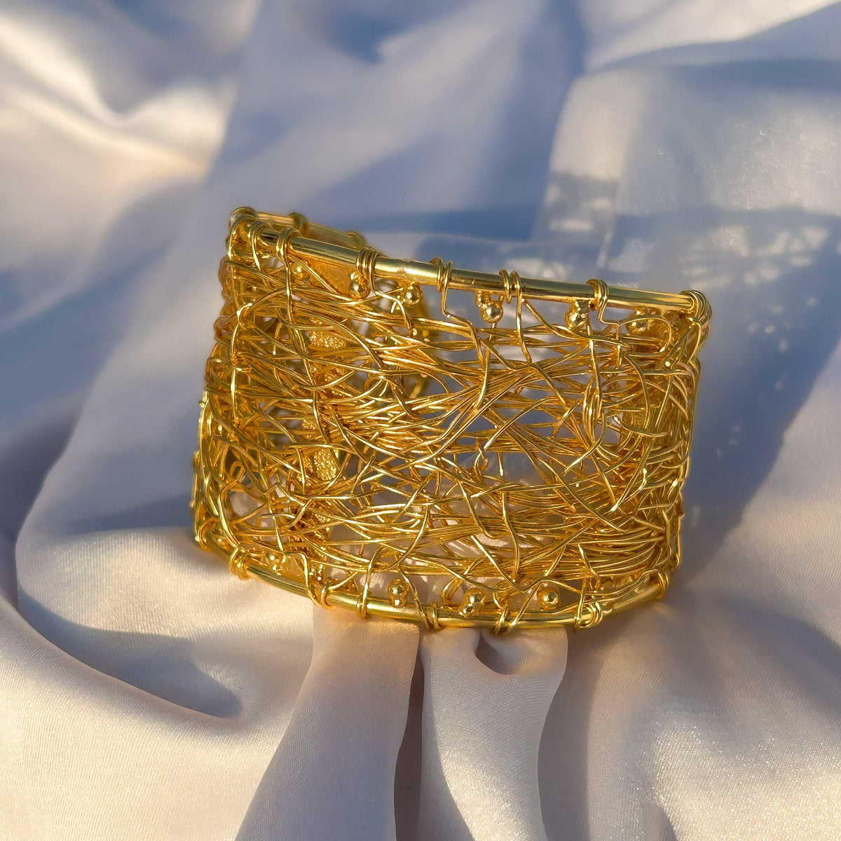 Gilded Nest Intricate Woven Wire Cuff Bangle in Gold Plated Brass