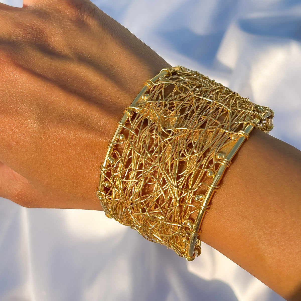 Gilded Nest Intricate Woven Wire Cuff Bangle in Gold Plated Brass
