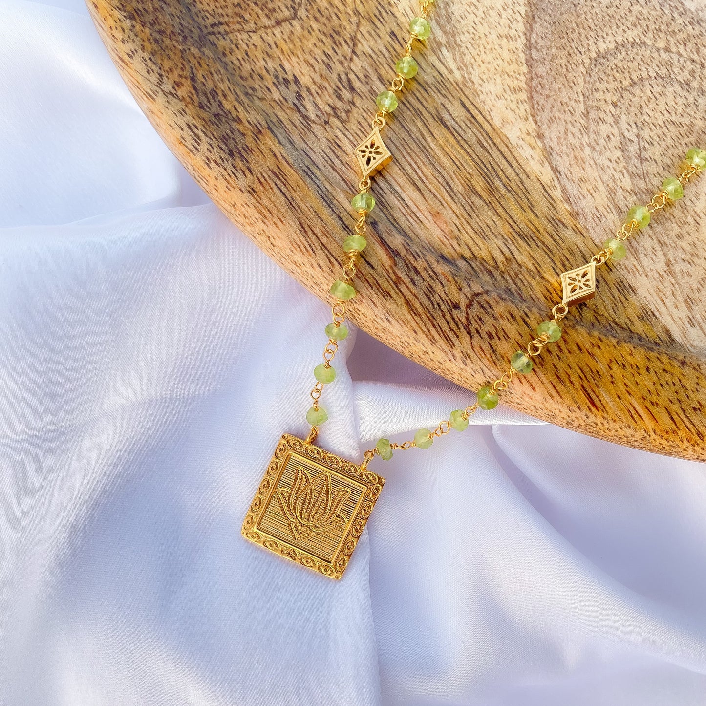 Peridot beaded necklace with Lotus charm in 22k gold plated 925 sterling silver