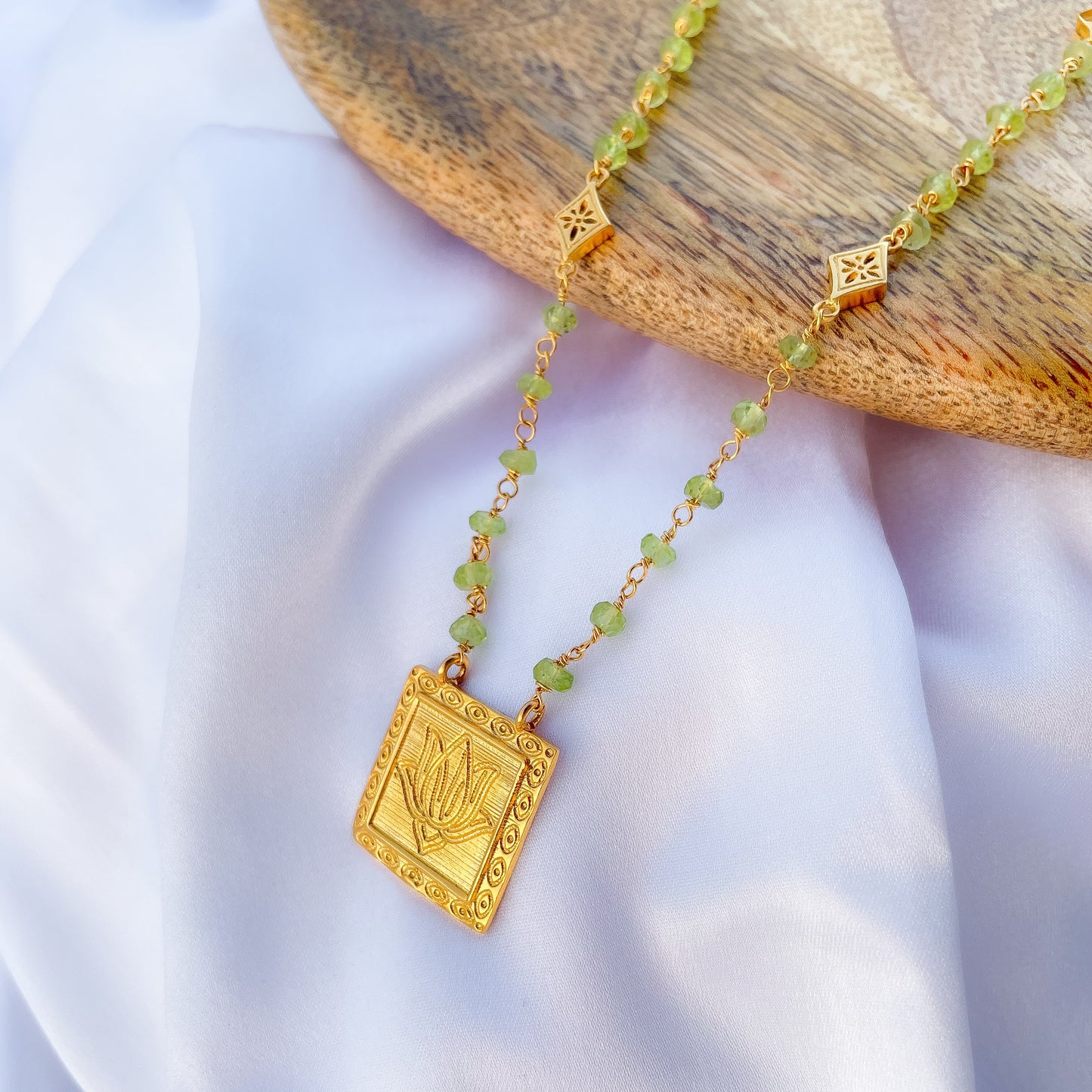 Peridot beaded necklace with Lotus charm in 22k gold plated 925 sterling silver
