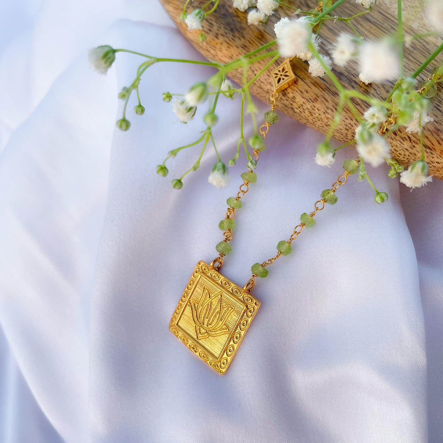 Peridot beaded necklace with Lotus charm in 22k gold plated 925 sterling silver