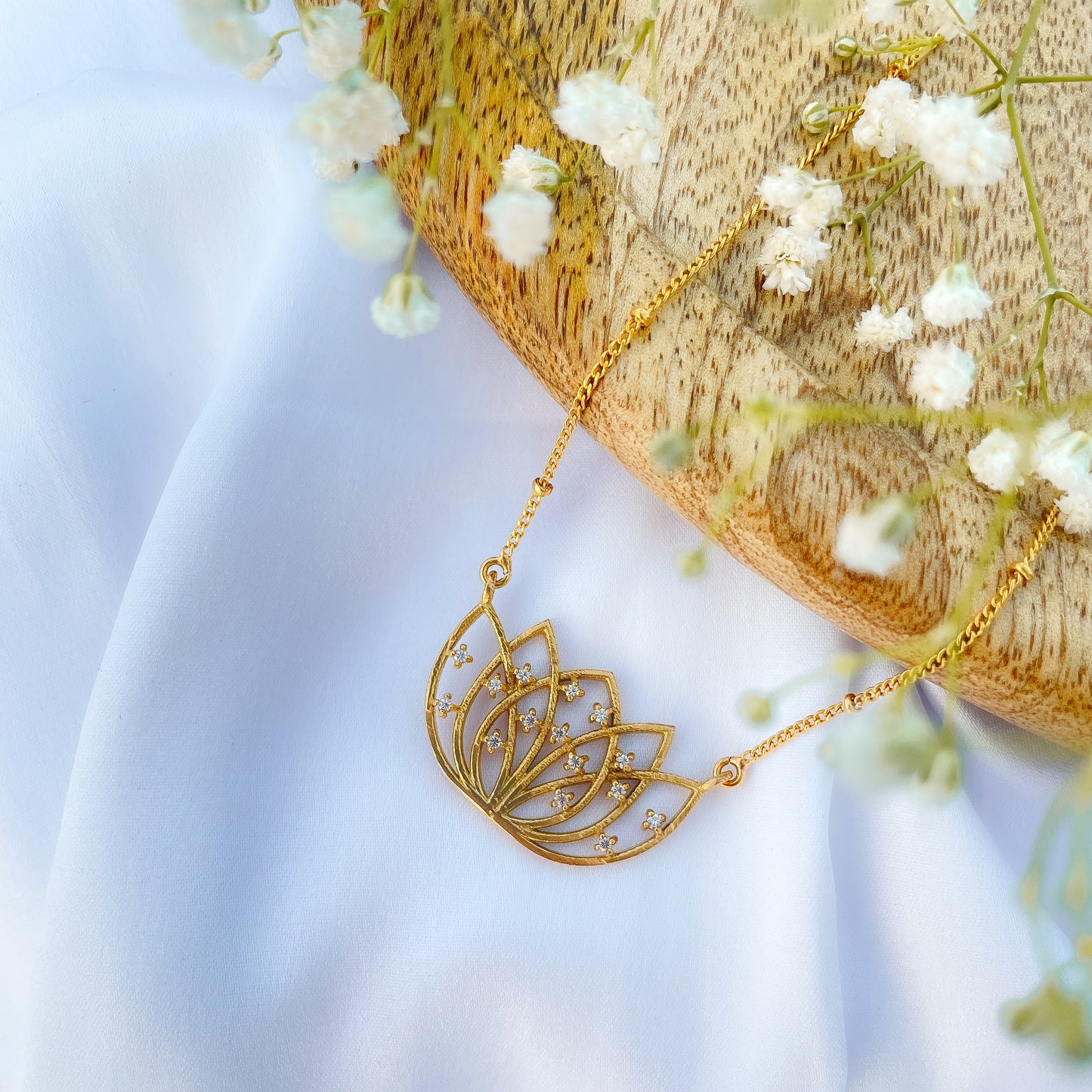 Lotus charm ball chain necklace with Zircon stones in 22k gold plated 925 sterling silver