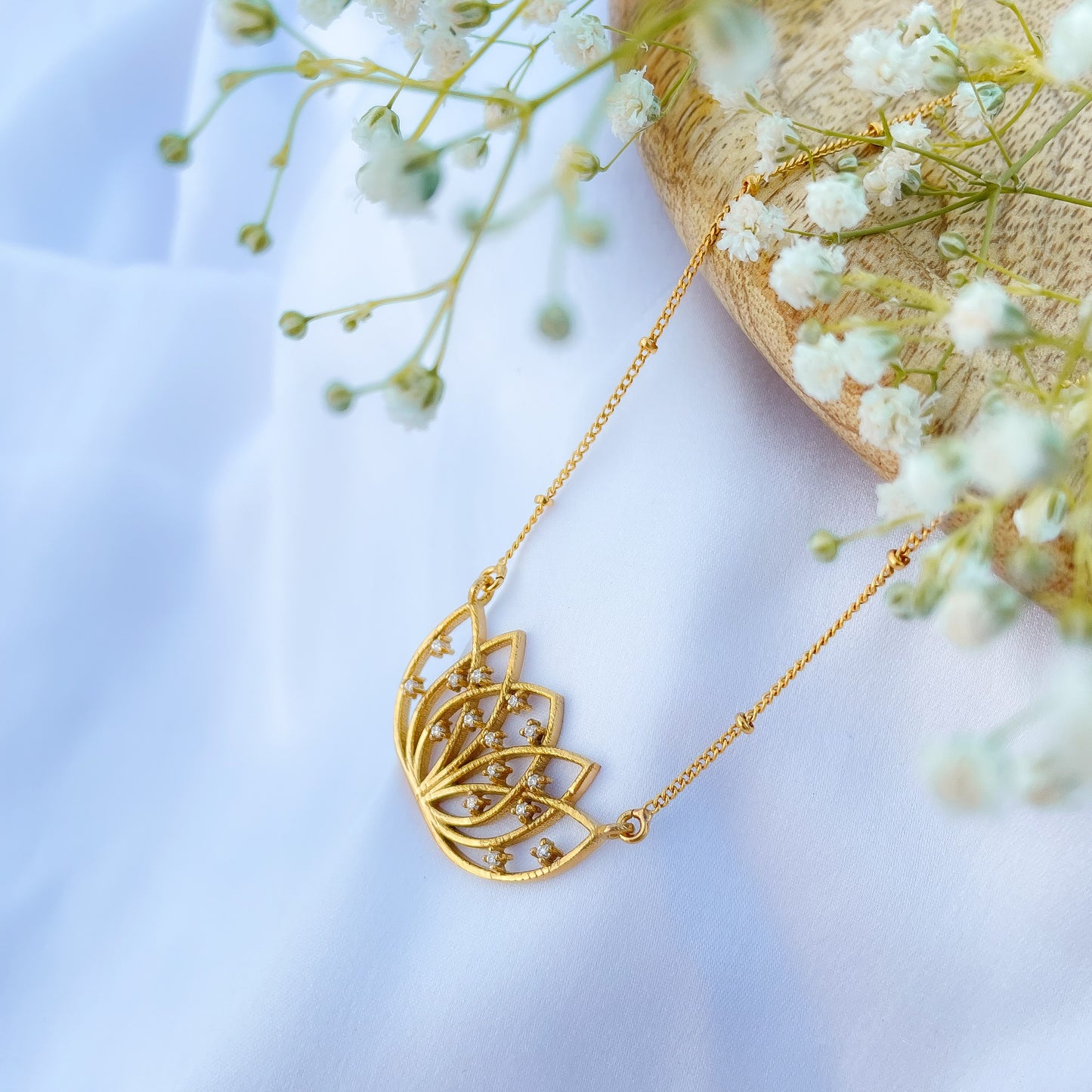 Lotus charm ball chain necklace with Zircon stones in 22k gold plated 925 sterling silver