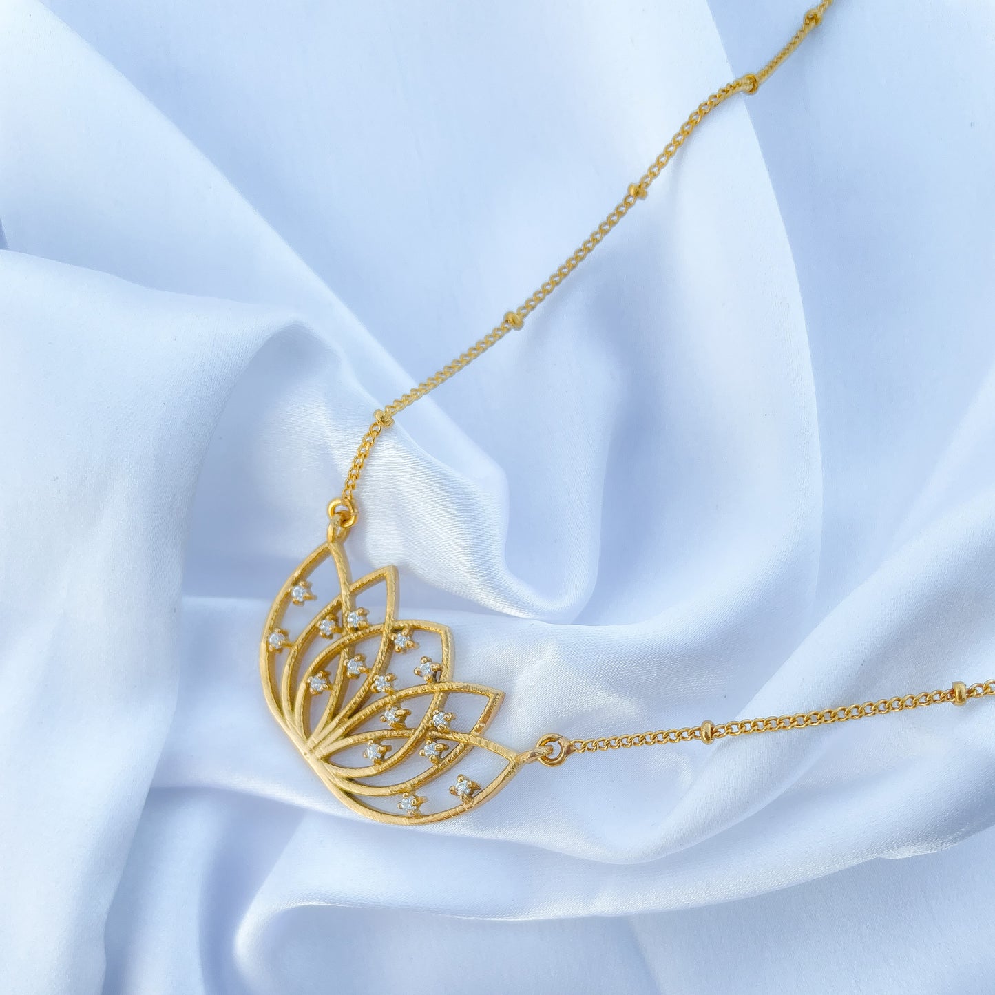 Lotus charm ball chain necklace with Zircon stones in 22k gold plated 925 sterling silver