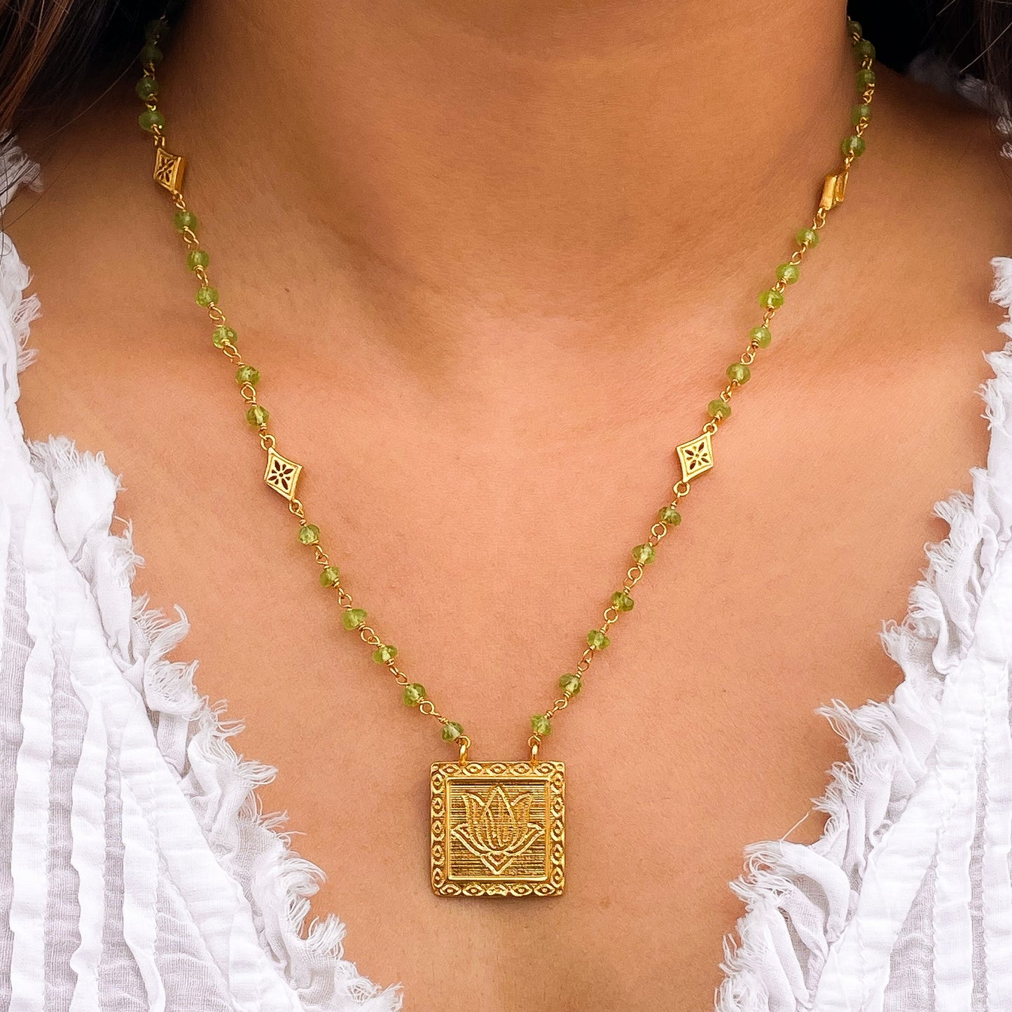 Peridot beaded necklace with Lotus charm in 22k gold plated 925 sterling silver