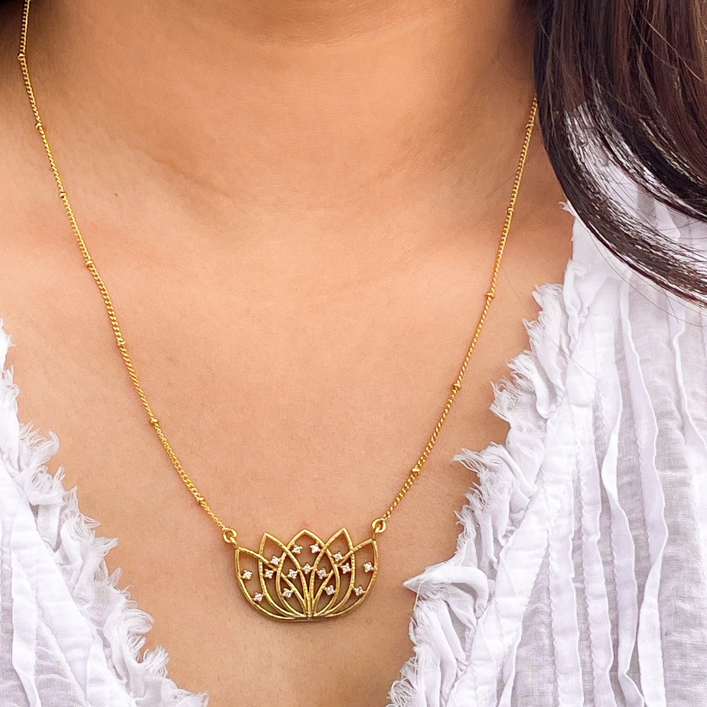 Lotus charm ball chain necklace with Zircon stones in 22k gold plated 925 sterling silver