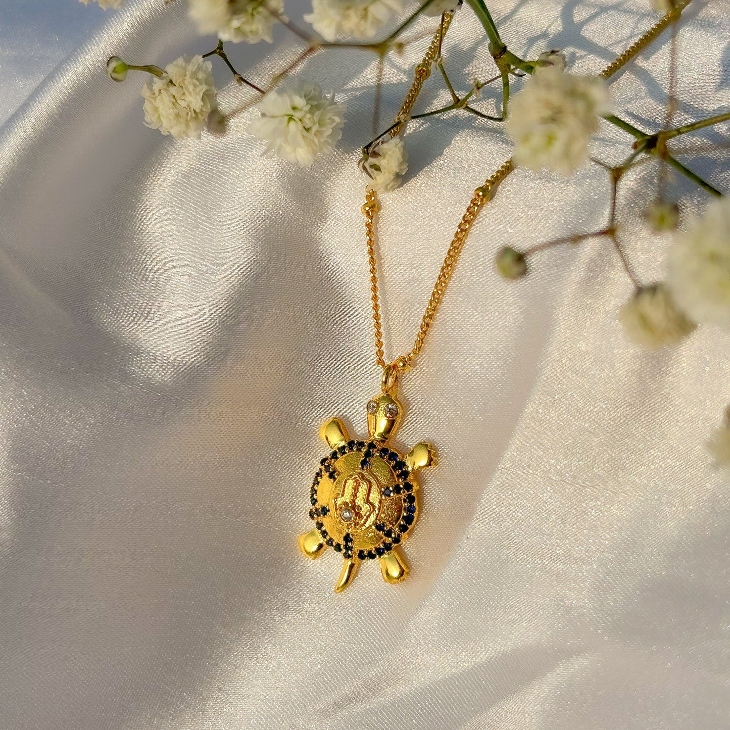 Hamsa Turtle charm ball chain necklace with green, blue and white zircon gemstones in gold plated Brass