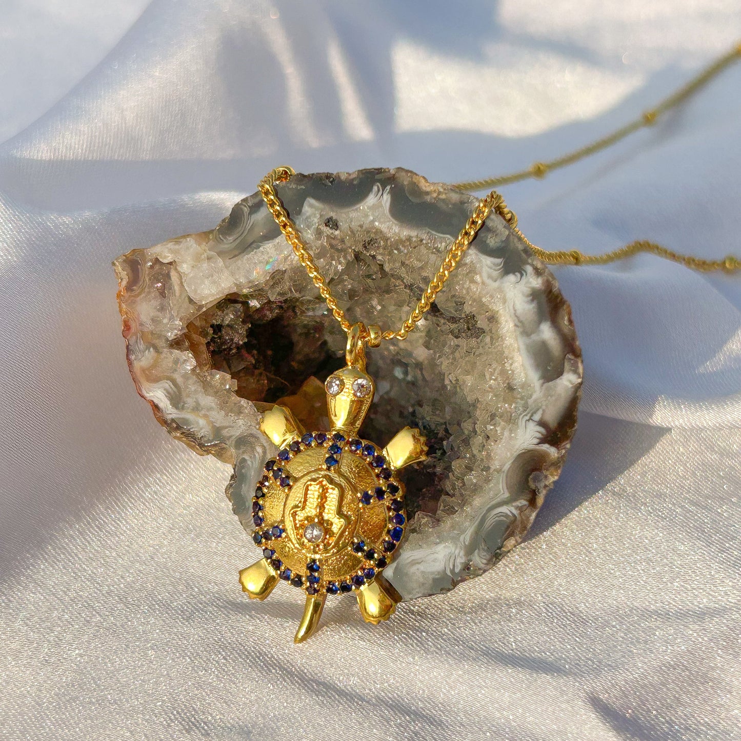 Hamsa Turtle charm ball chain necklace with green, blue and white zircon gemstones in gold plated Brass