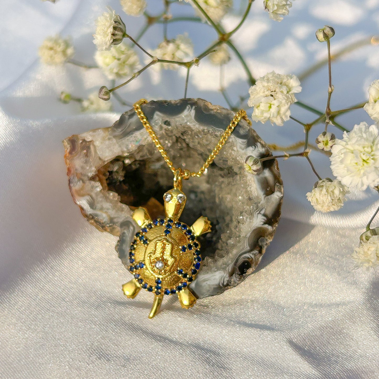 Hamsa Turtle charm ball chain necklace with green, blue and white zircon gemstones in gold plated Brass