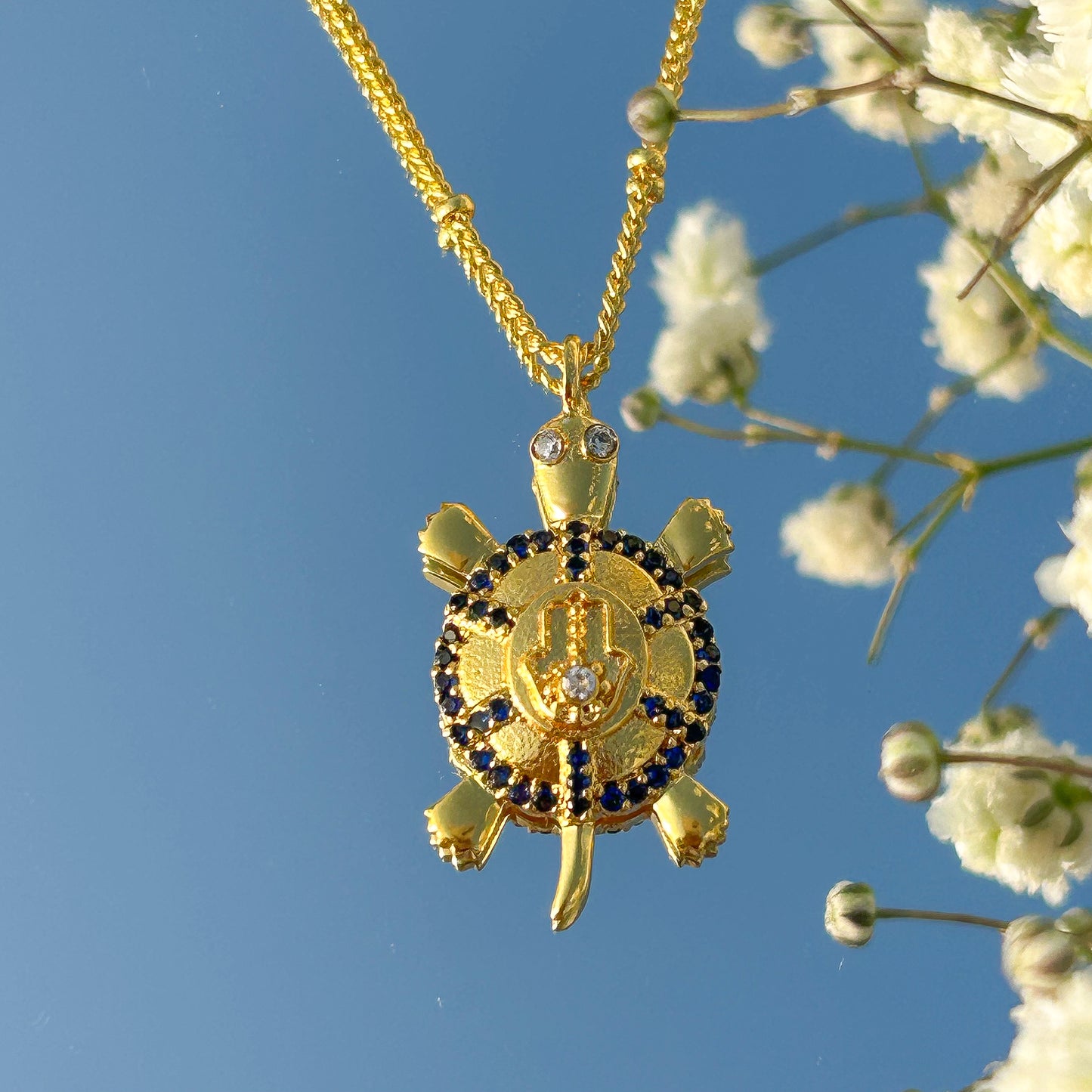 Hamsa Turtle charm ball chain necklace with green, blue and white zircon gemstones in gold plated Brass