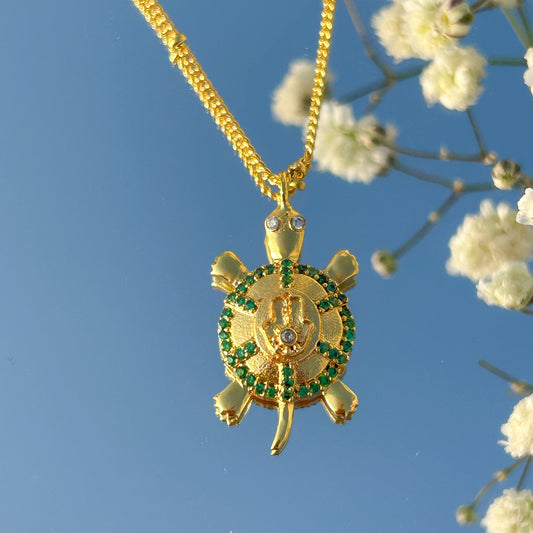 Hamsa Turtle charm ball chain necklace with green, blue and white zircon gemstones in gold plated Brass