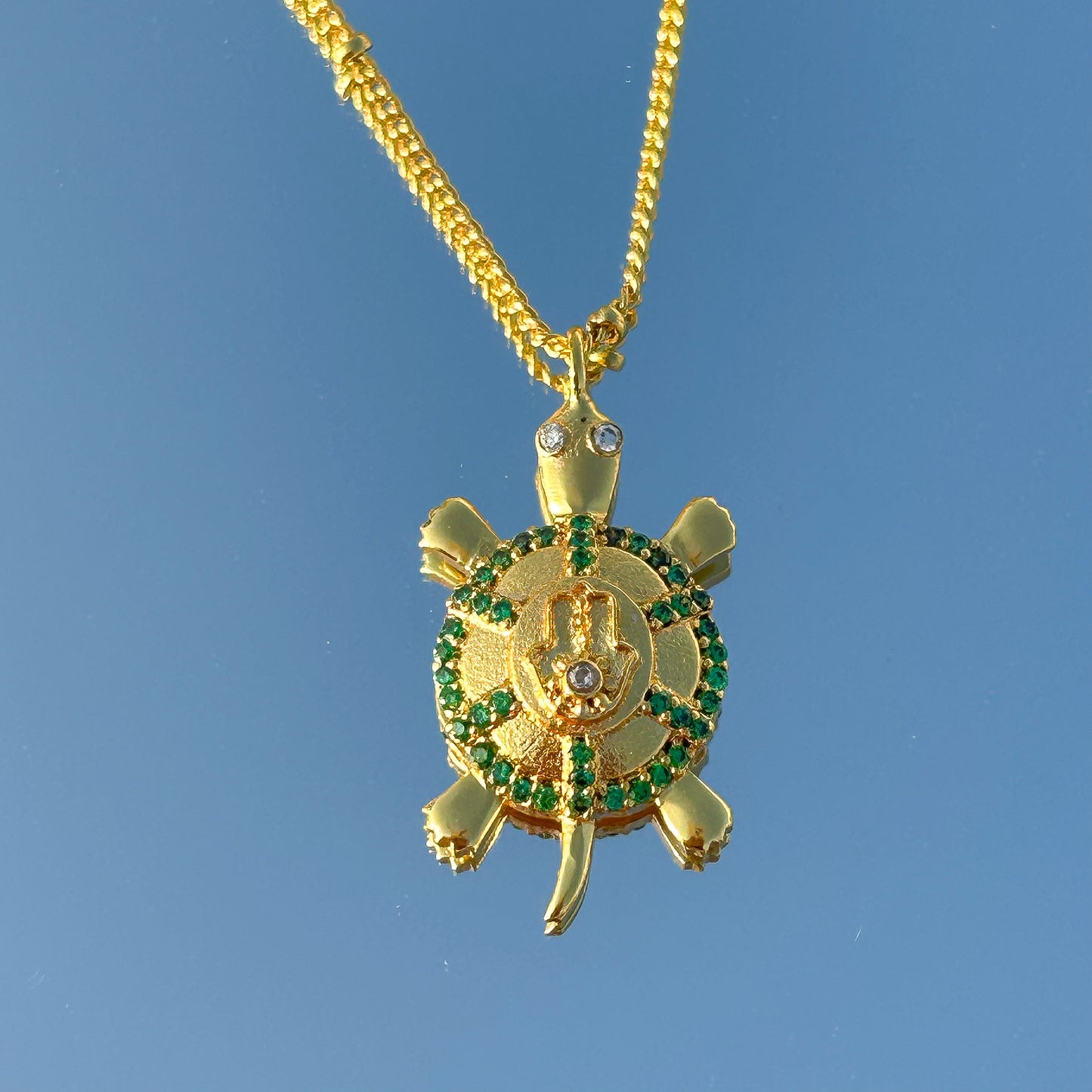 Hamsa Turtle charm ball chain necklace with green, blue and white zircon gemstones in gold plated Brass