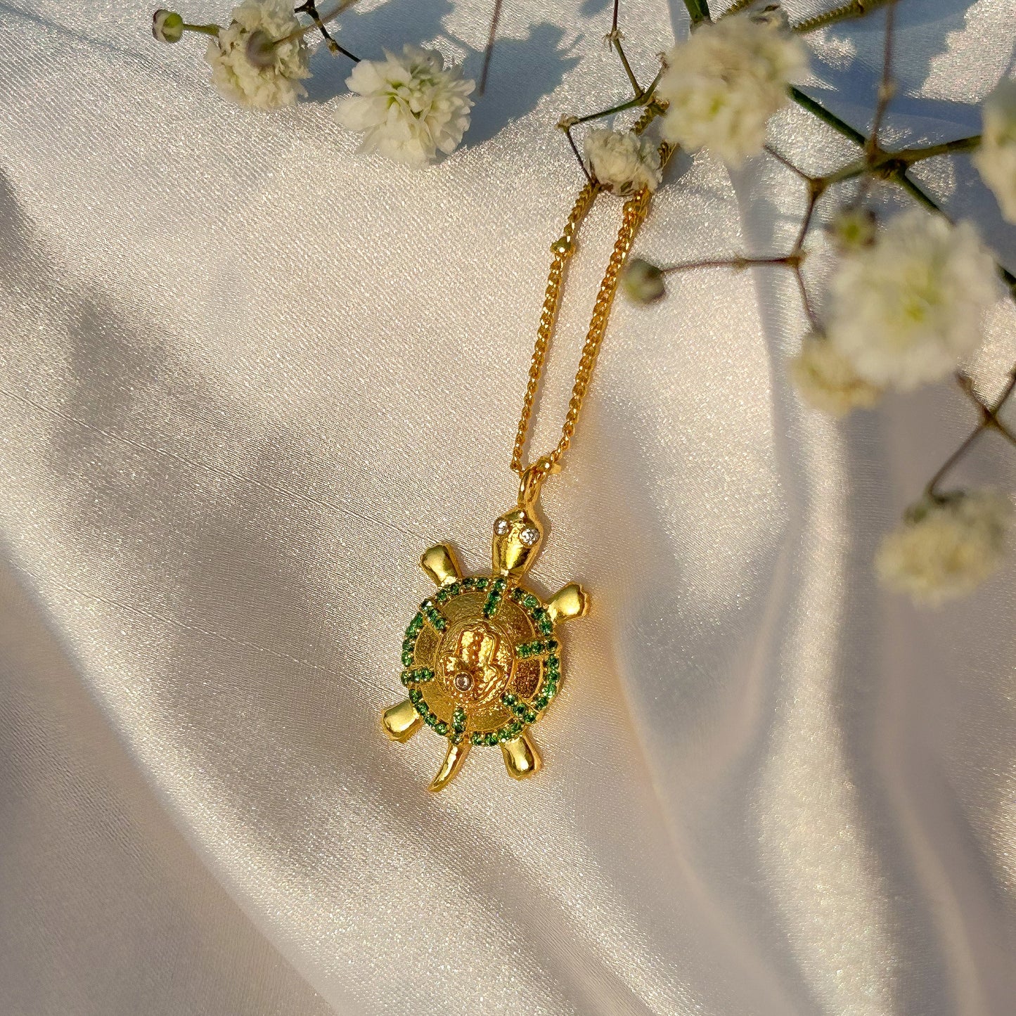 Hamsa Turtle charm ball chain necklace with green, blue and white zircon gemstones in gold plated Brass