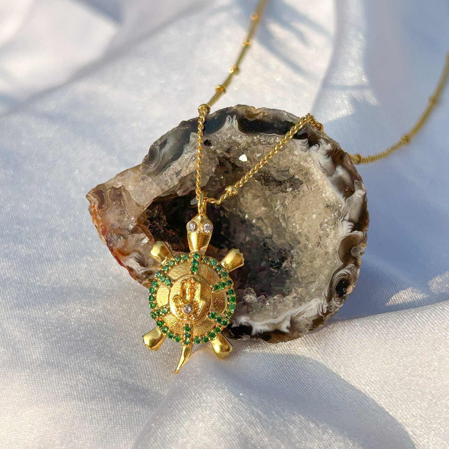 Hamsa Turtle charm ball chain necklace with green, blue and white zircon gemstones in gold plated Brass