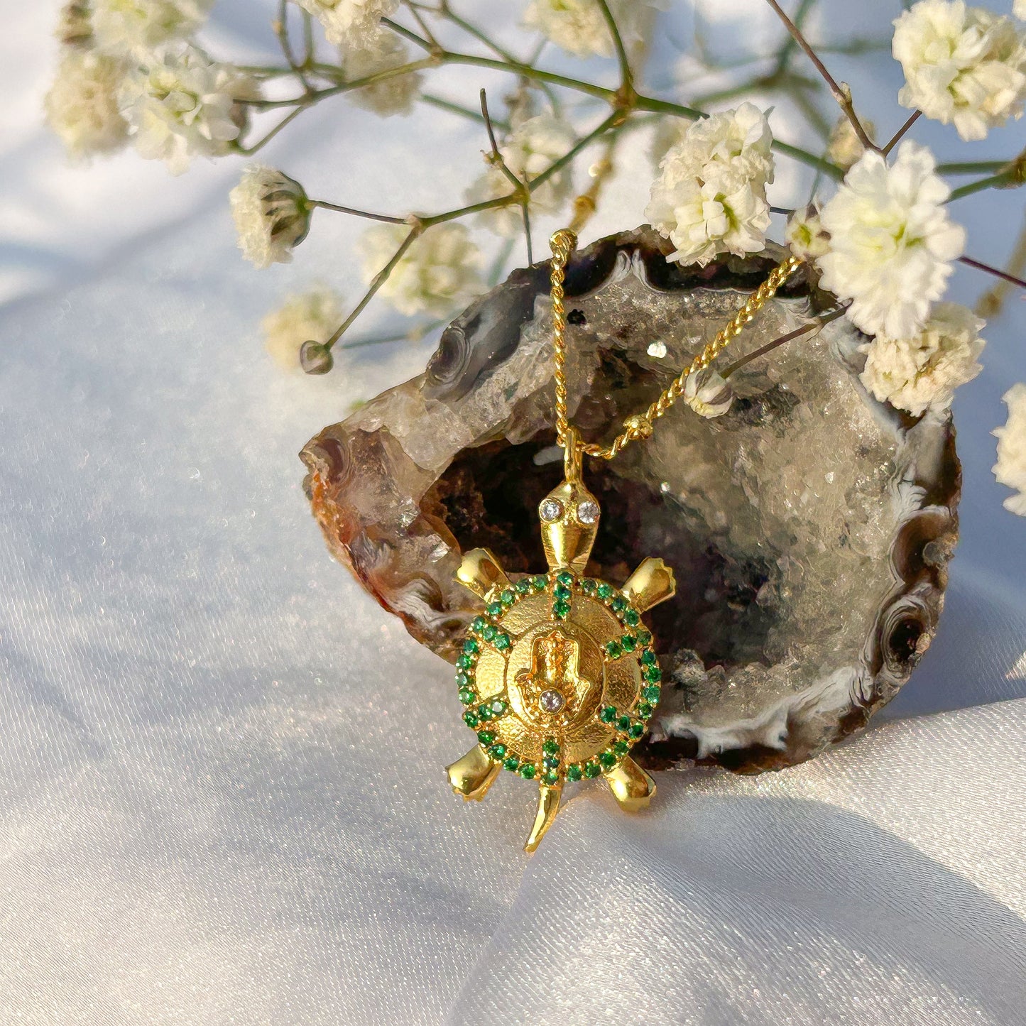 Hamsa Turtle charm ball chain necklace with green, blue and white zircon gemstones in gold plated Brass
