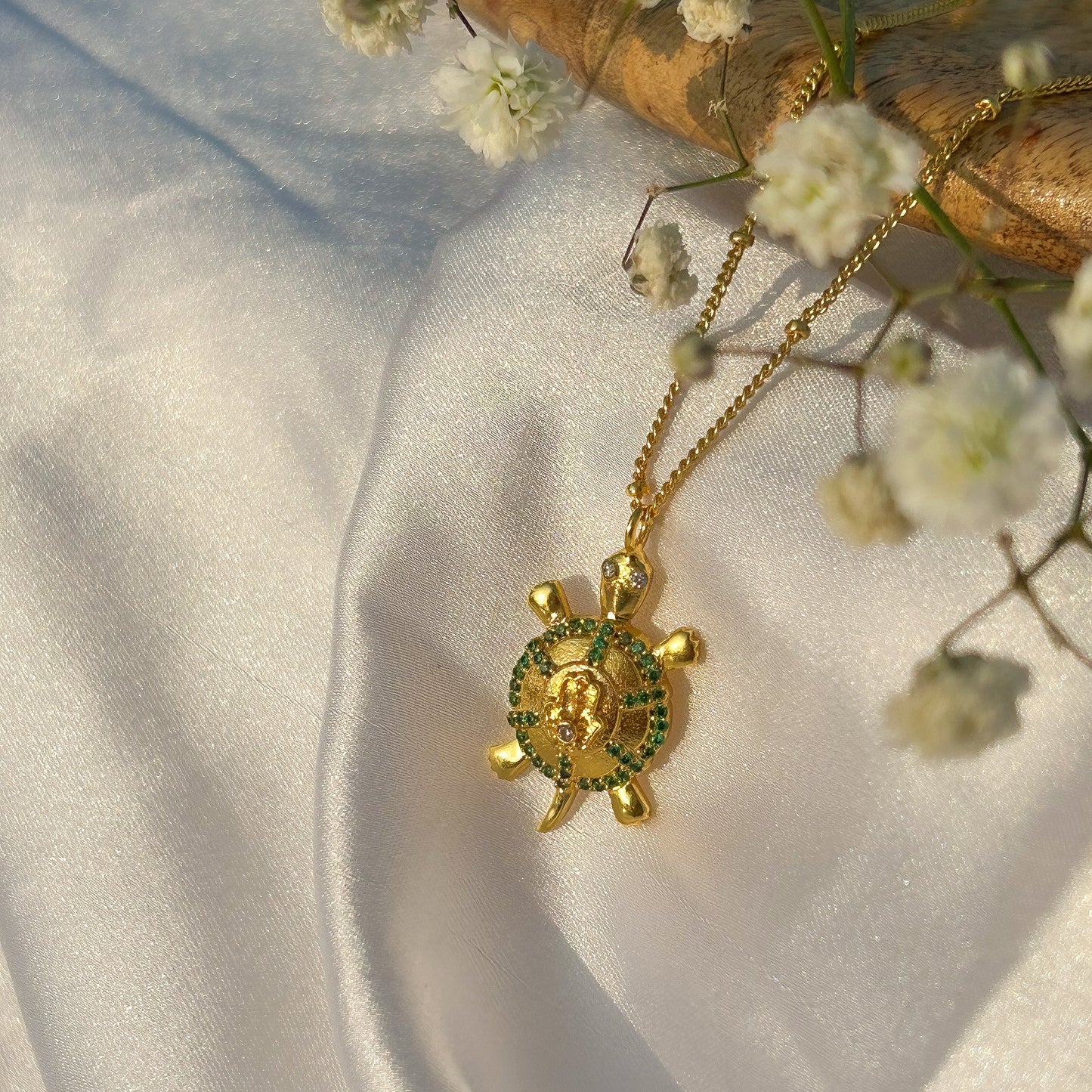 Hamsa Turtle charm ball chain necklace with green, blue and white zircon gemstones in gold plated Brass