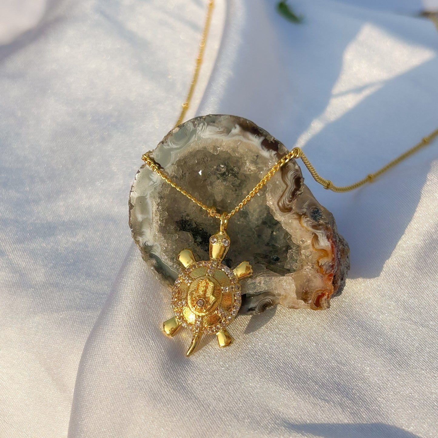 Hamsa Turtle charm ball chain necklace with green, blue and white zircon gemstones in gold plated Brass
