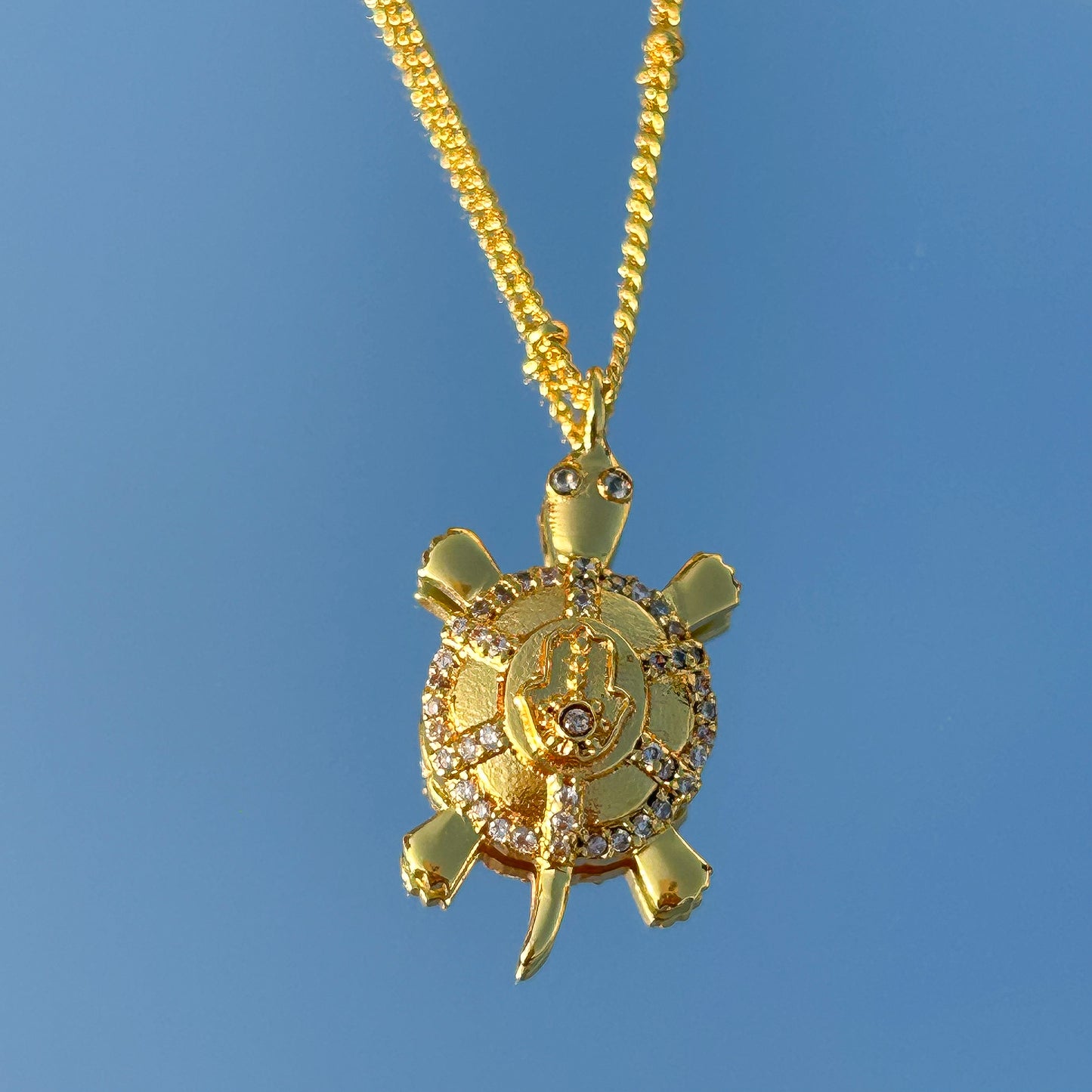 Hamsa Turtle charm ball chain necklace with green, blue and white zircon gemstones in gold plated Brass