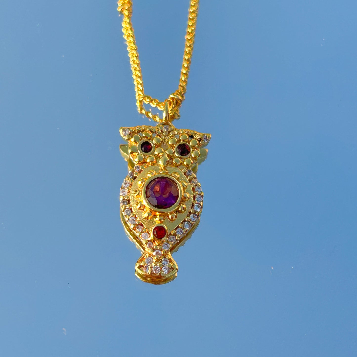 Owl charm ball chain necklace with Rainbow Moonstone, Amethyst and Garnet, Carnelian, Blue Topaz and Tourmaline gemstones