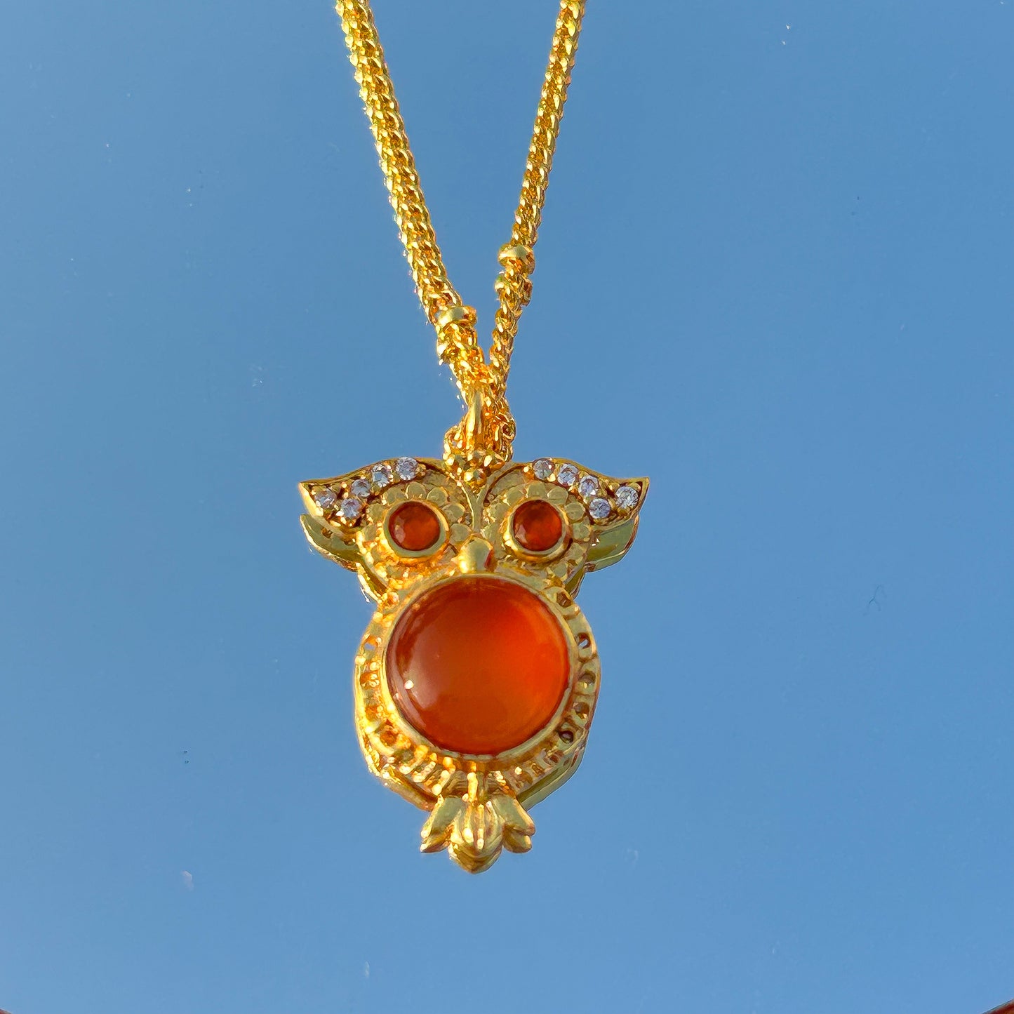 Owl charm ball chain necklace with rose quartz, carnelian, tourmaline and zircon gemstones