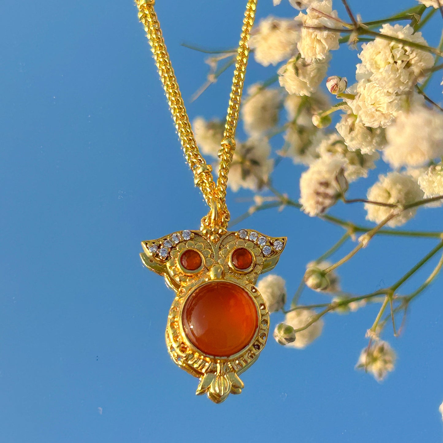 Owl charm ball chain necklace with rose quartz, carnelian, tourmaline and zircon gemstones