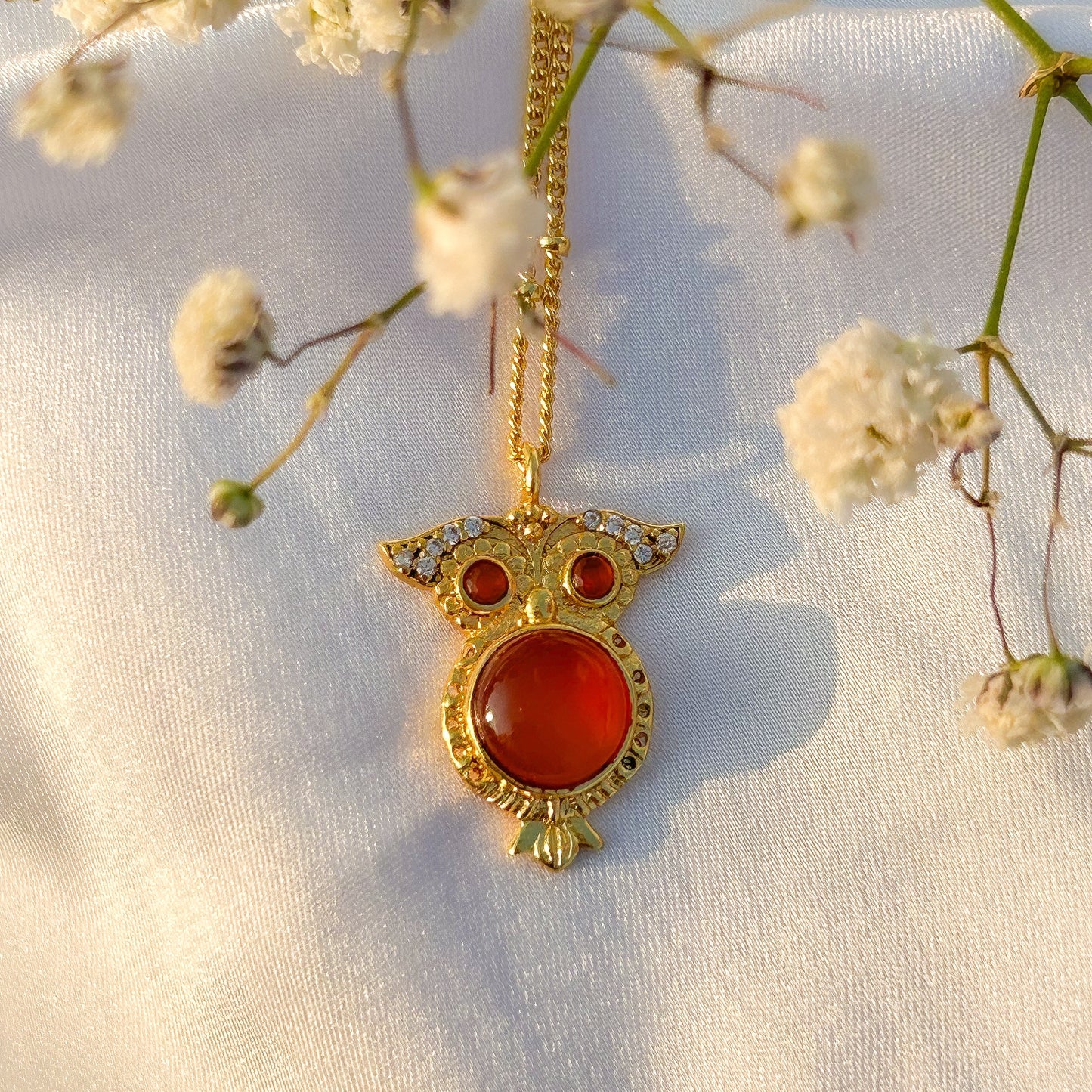 Owl charm ball chain necklace with rose quartz, carnelian, tourmaline and zircon gemstones