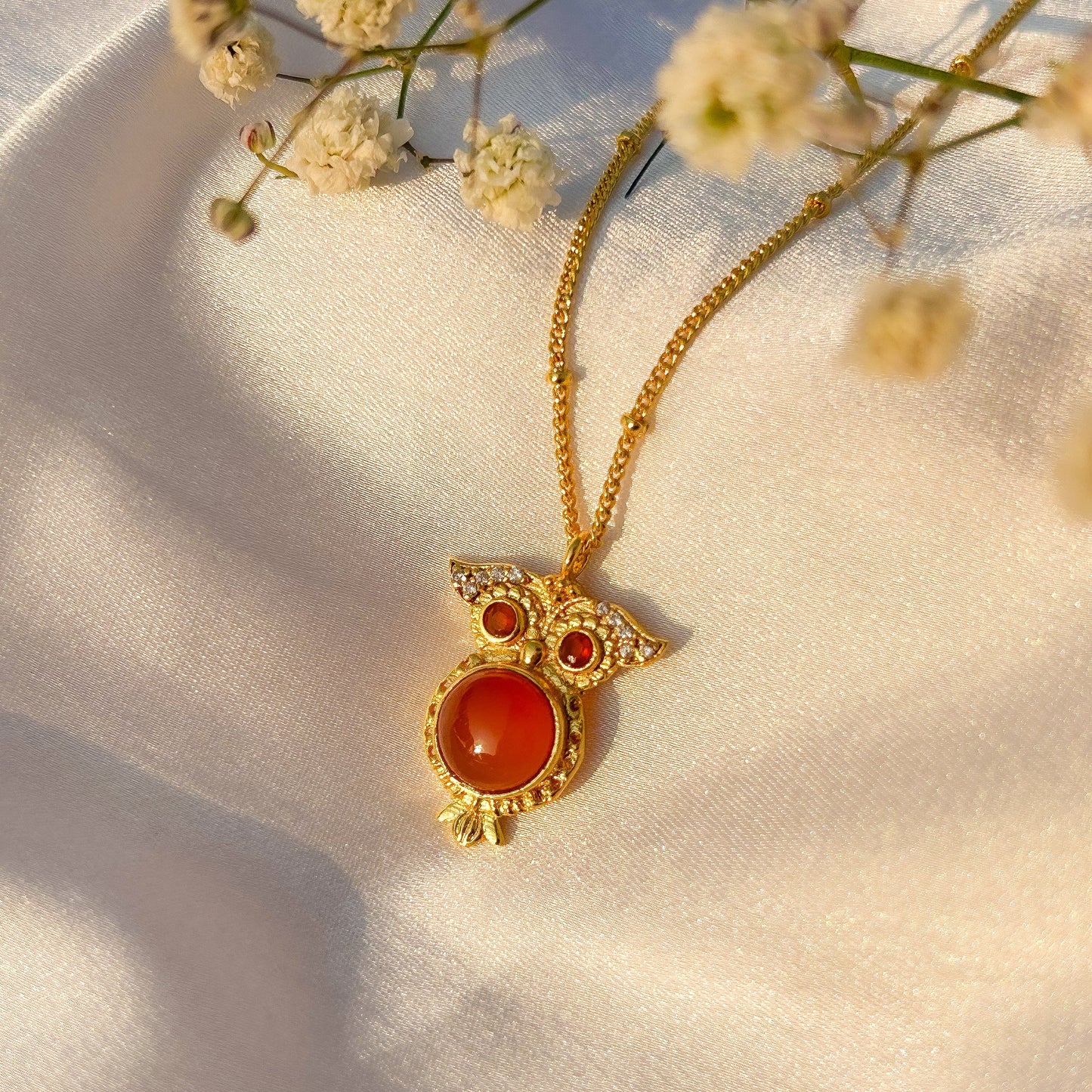 Owl charm ball chain necklace with rose quartz, carnelian, tourmaline and zircon gemstones