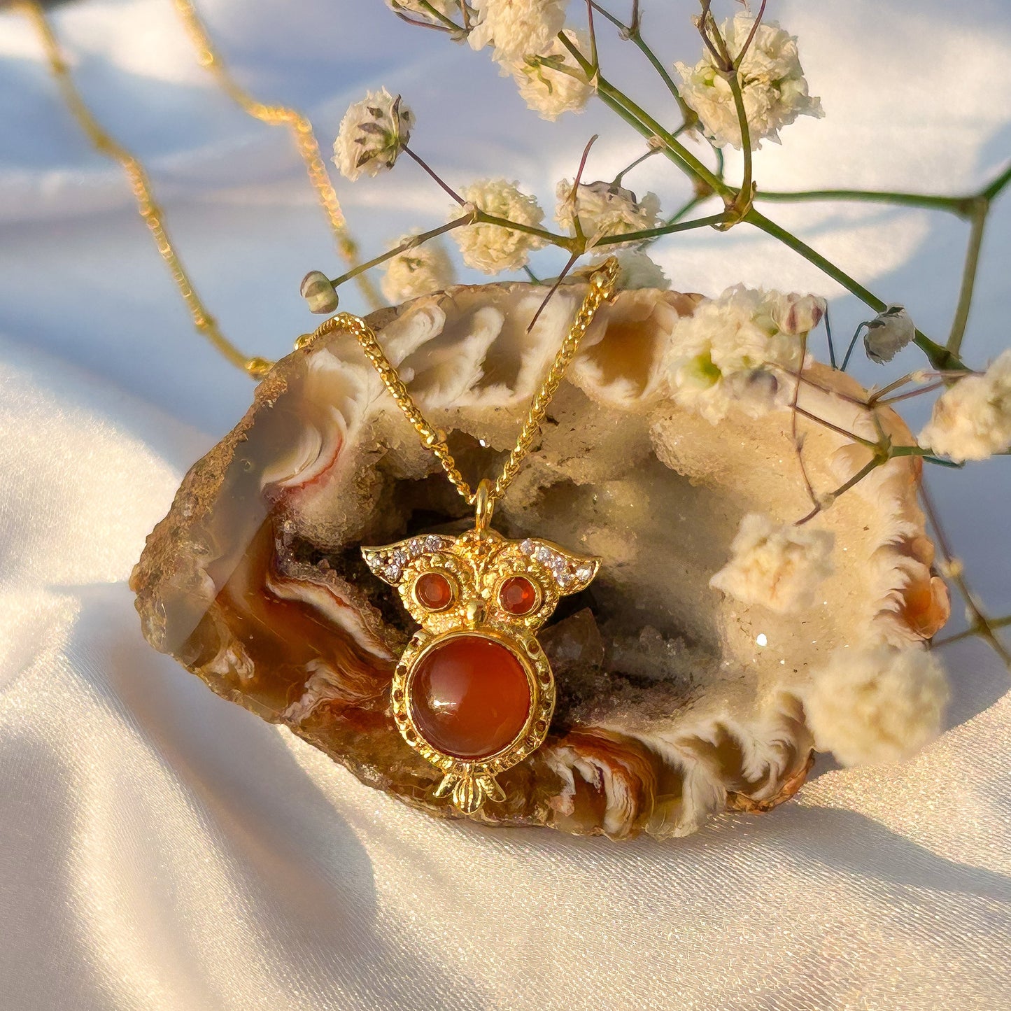 Owl charm ball chain necklace with rose quartz, carnelian, tourmaline and zircon gemstones
