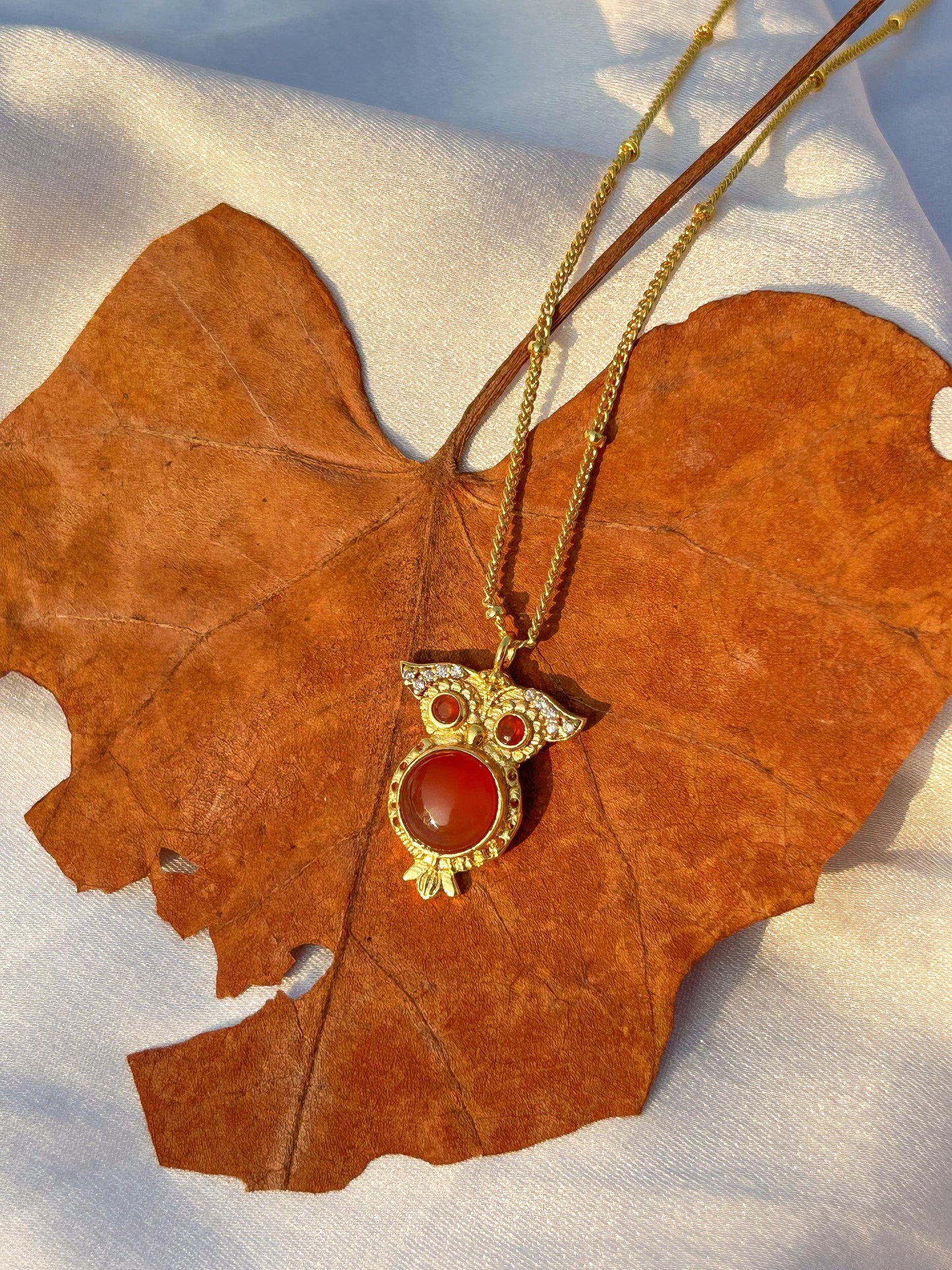 Owl charm ball chain necklace with rose quartz, carnelian, tourmaline and zircon gemstones