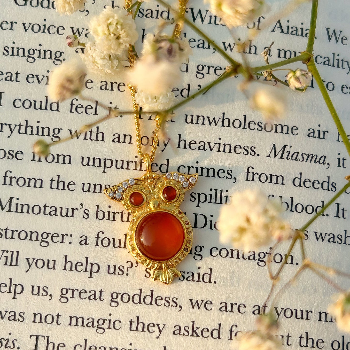 Owl charm ball chain necklace with rose quartz, carnelian, tourmaline and zircon gemstones
