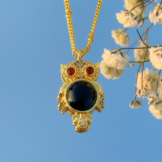 Owl charm ball chain necklace with black onyx, carnelian and zircon gemstone