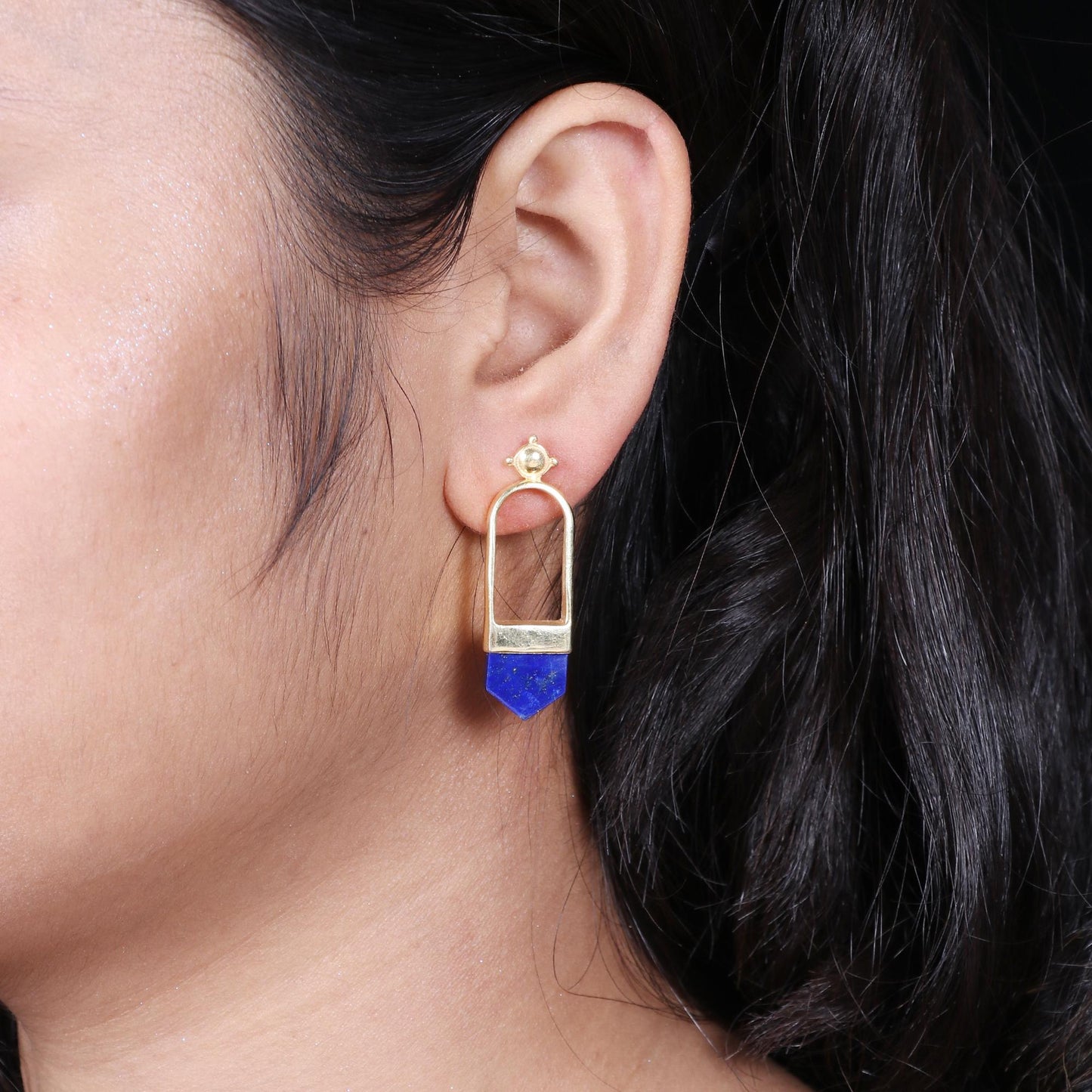Lapis lazuli brass gold plated earrings, Natural gemstone earrings for everyday wear